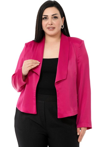 Büyük Beden Şal Yaka Astarsız Kısa Saten Fuşya Ceket