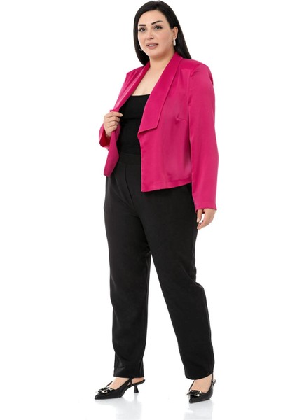Büyük Beden Şal Yaka Astarsız Kısa Saten Fuşya Ceket indirimleri