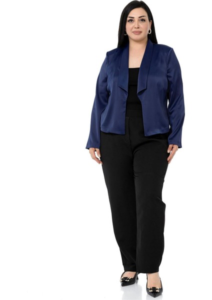 Büyük Beden Şal Yaka Astarsız Kısa Saten Lacivert Ceket indirimleri