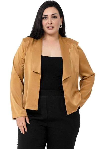 Büyük Beden Şal Yaka Astarsız Kısa Saten Camel Ceket