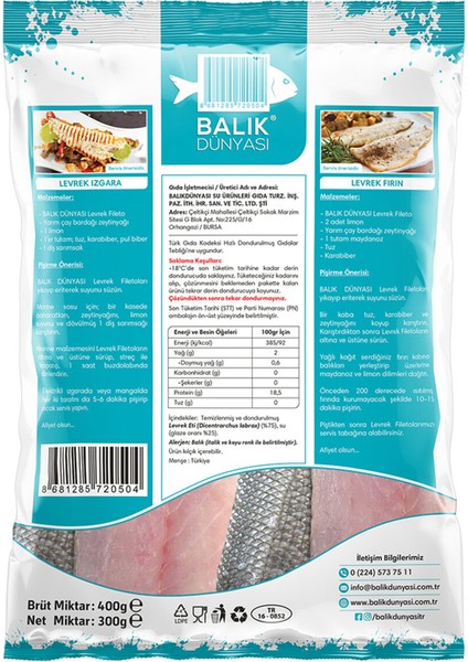 Dondurulmuş Levrek Fileto 400 G