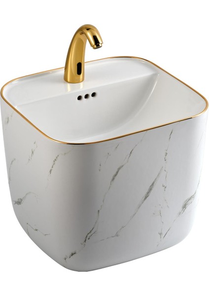 E-251MA Monoblok Lavabo Mermer Desenli Beyaz & Altın