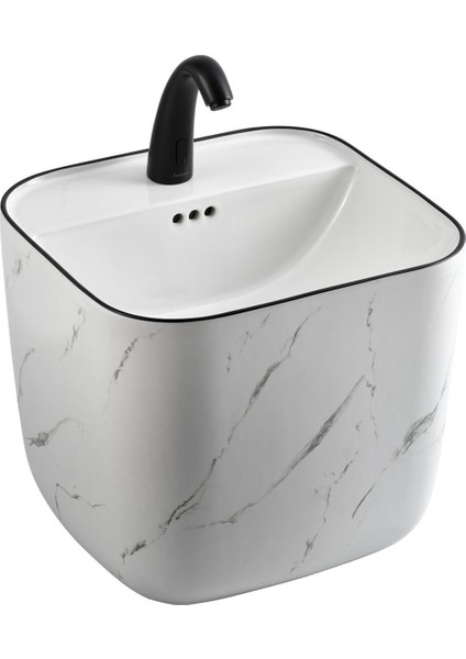 E-251MS Monoblok Lavabo Mermer Desenli Beyaz & Siyah