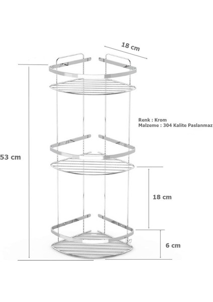 Tema 3 Katlı Köşelik Banyo Rafı Şampuanlık Krom Paslanmaz