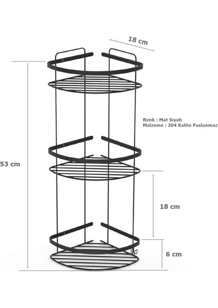 Tema 3 Katlı Köşelik Banyo Rafı Şampuanlık Mat Siyah Paslanmaz