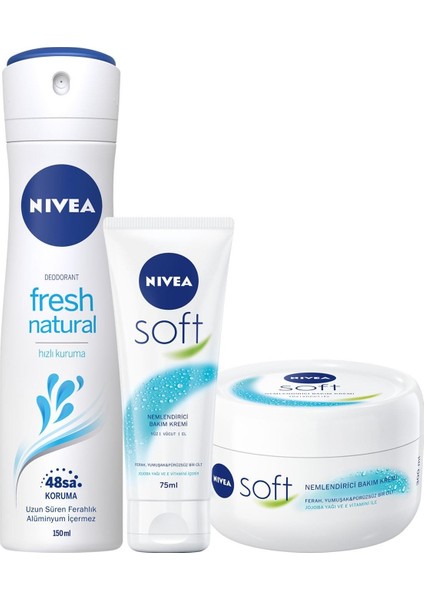 Kadın Sprey Deodorant Fresh Natural 150ml, Nemlendirici Soft El Bakım Kremi 75ml, Vücut Kremi 300ml