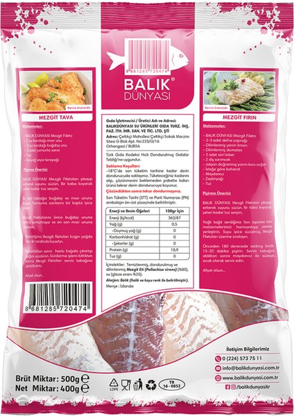 Dondurulmuş Mezgit Fileto 500 G