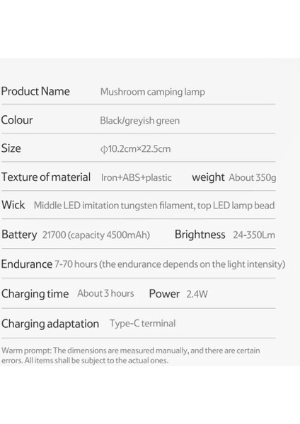 Mushroom Glamping Kamp Lambası 350 Lümen Greyish Green