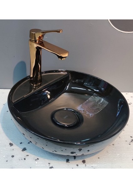 Tezgah Üstü Çanak 42 cm Lavabo Batarya Delikli Parlak Siyah