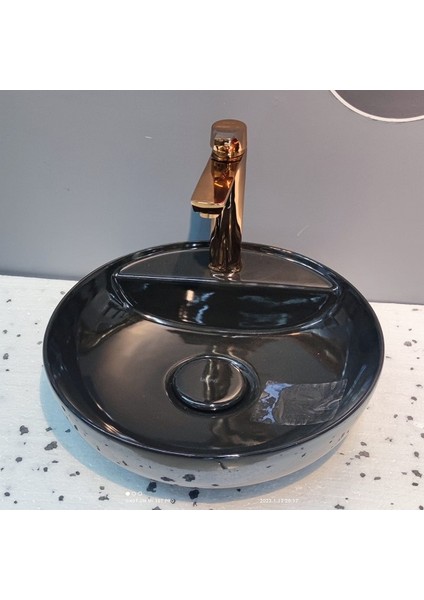 Tezgah Üstü Çanak 42 cm Lavabo Batarya Delikli Parlak Siyah