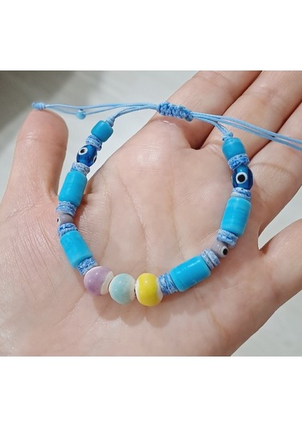 El Yapımı Mavi Hint Cam Boncuklu Toprak Boncuklu Nazar Boncuklu Bileklik modelleri