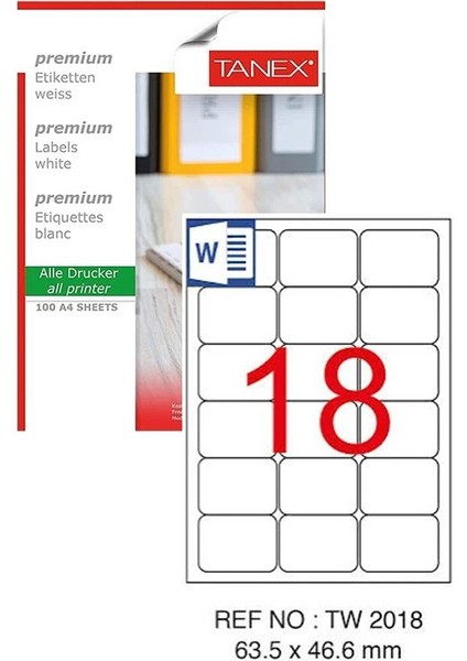 Bilgisayar Etiketi TW-2018 63,5X46,6 mm 100 Lü Lazer Etiket 1 Paket Tanex Davetiye Kargo Koli Kutu Etiketi
