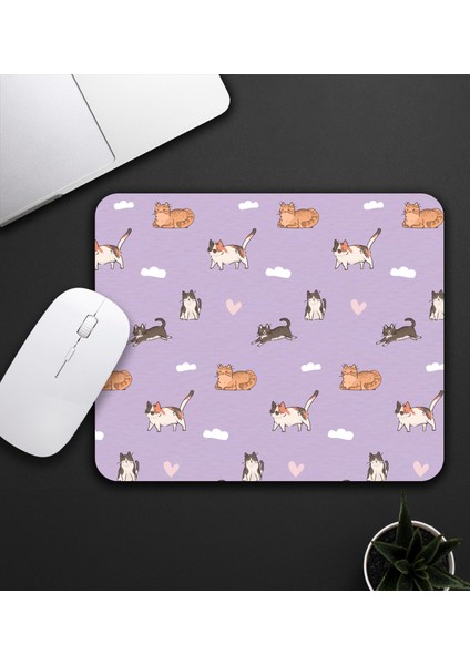 Kedi Figürlü Mor Renk Mouse Pad 23X19CM Fare Altlığı Kaydırmaz Taban DE582