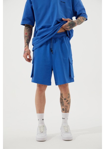 Oversize Kargo Cepli Basic Şort Açık Mavi