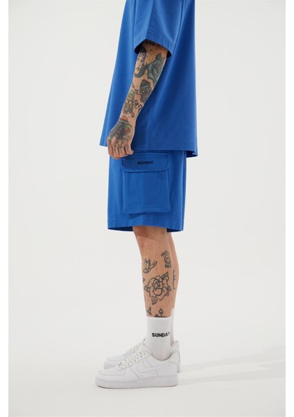Oversize Kargo Cepli Basic Şort Açık Mavi