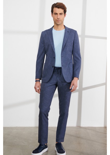 ALTINYILDIZ CLASSICS Erkek Lacivert-beyaz Slim Fit Dar Kesim Mono Yaka Desenli Seyahat Çantalı Takım Elbise