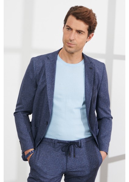 ALTINYILDIZ CLASSICS Erkek Lacivert-beyaz Slim Fit Dar Kesim Mono Yaka Desenli Seyahat Çantalı Takım Elbise modelleri