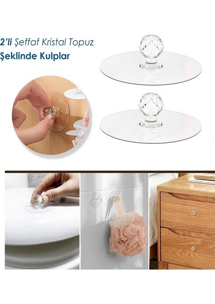 Çok Amaçlı 2li Kristal Topuz Kendinden Yapışkanlı Çekmece Kulpu Ayna Kulpu Askı Tutucu Şeffaf Askı