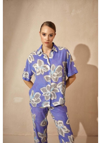 Kadın Vegan Dokuma Kısa Kol Gömlek Yaka Lila Pijama Takımı 3C2T1N46