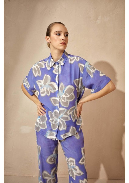 Kadın Vegan Dokuma Kısa Kol Gömlek Yaka Lila Pijama Takımı 3C2T1N46 fiyatları