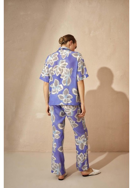 Kadın Vegan Dokuma Kısa Kol Gömlek Yaka Lila Pijama Takımı 3C2T1N46 modelleri