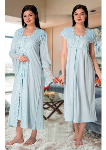 lohusa Kısa Kol Gecelik Sabahlık Takım mavi 5010
