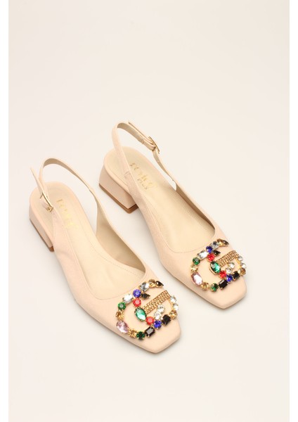Bej Saten Taşlı Kadın Topuklu