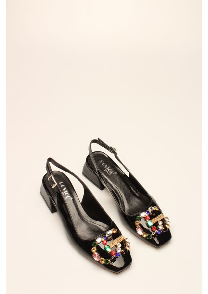 Siyah Rugan Taşlı Kadın Topuklu