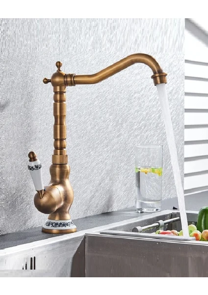 Rena Design Rustik Antik Eviye Bataryası Mutfak Musluğu Eskitme Gold Osmanlı Lavabo Çanak Armatür Otantik Bakır