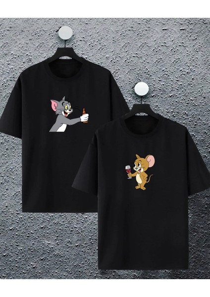 Yeni Sezon Oversize Geniş Kalıp Unisex Tom ve Jerry Baskılı Sevgili Kombini Yazlık T-Shirt