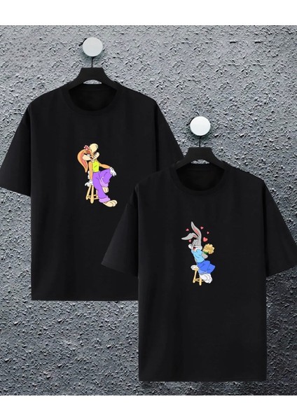 Yeni Sezon Oversize Geniş Kalıp Unisex Aşk Tom ve Jerry Baskılı Sevgili Kombini Yazlık T-Shirt