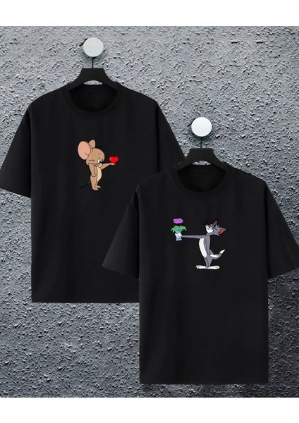 Yeni Sezon Oversize Geniş Kalıp Unisex Kalp Tom ve Jerry Baskılı Sevgili Kombini Yazlık T-Shirt