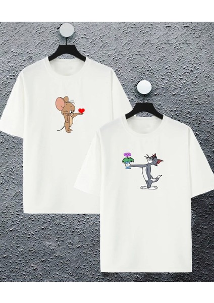 Yeni Sezon Oversize Geniş Kalıp Unisex Kalp Tom ve Jerry Baskılı Sevgili Kombini Yazlık T-Shirt