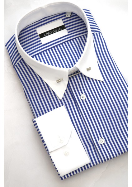 Erkek Mavi Beyaz Çizgili Beyaz Iğneli Yakalı Casual Kolay Ütülenebilir Cepsiz Modern Fit Gömlek fiyatları