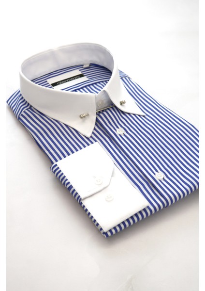 Erkek Mavi Beyaz Çizgili Beyaz Iğneli Yakalı Casual Kolay Ütülenebilir Cepsiz Modern Fit Gömlek fırsatları