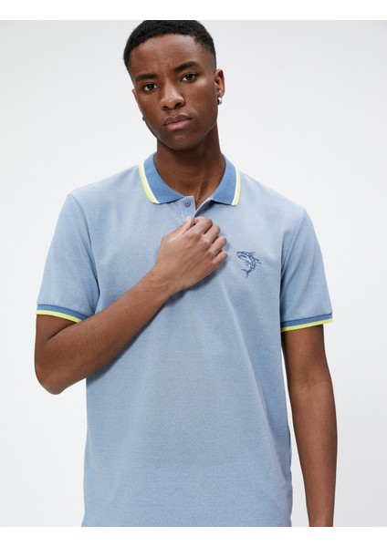 Polo Yaka Tişört Köpek Balığı İşlemeli Biyeli Düğmeli