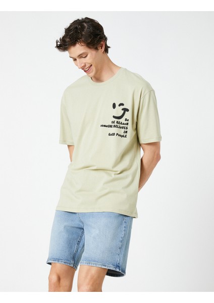 Oversize Tişört Slogan Baskılı Bisiklet Yaka Kısa Kollu Pamuklu