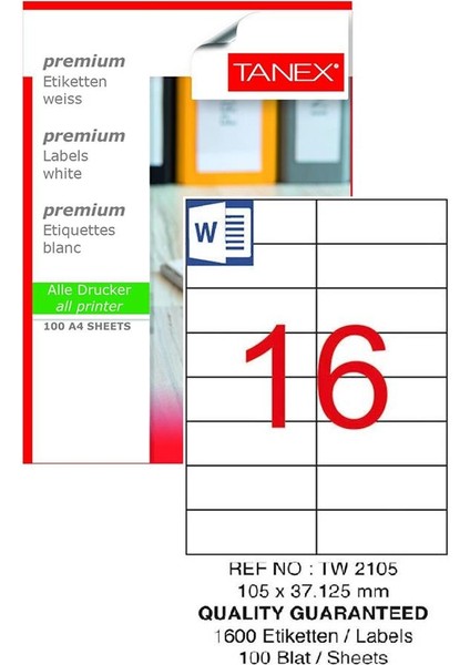 Bilgisayar Etiketi TW-2105 105X37,125 mm 100 Lü Lazer Etiket 1 Paket Tanex Davetiye Kargo Koli Kutu Etiketi