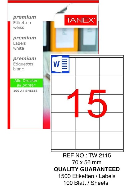 Bilgisayar Etiketi TW-2115 70X56 mm 100 Lü Lazer Etiket 1 Paket Tanex Davetiye Kargo Koli Kutu Etiketi