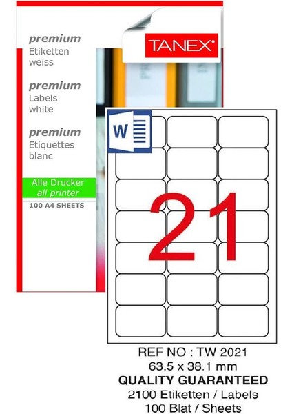 Bilgisayar Etiketi TW-2021 63,5X38,1 mm 100 Lü Lazer Etiket 1 Paket Tanex Davetiye Kargo Koli Kutu Etiketi
