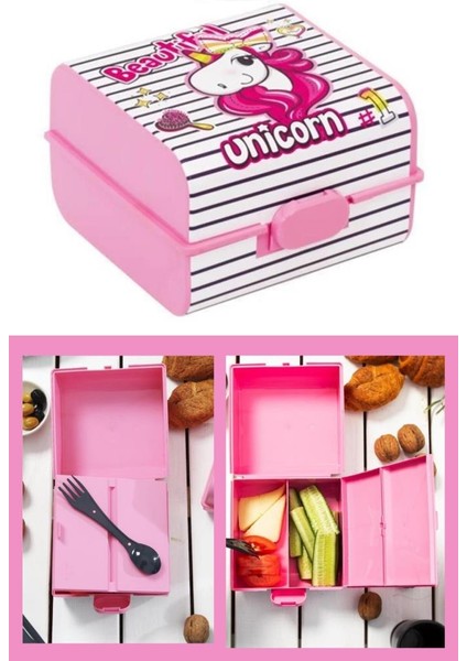 Unicorn Desenli 3 Bölmeli Kilitli Çatal-Kaşıklı Okul Beslenme Kabı