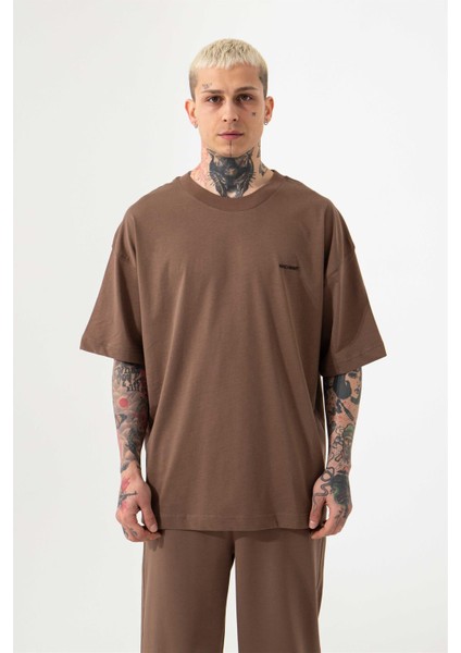 Oversize Basic Süprem Pamuklu T-Shirt Kahve