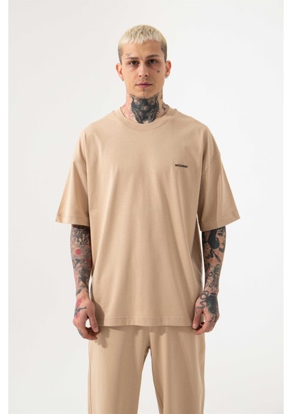 Oversize Basic Süprem Pamuklu T-Shirt Bej