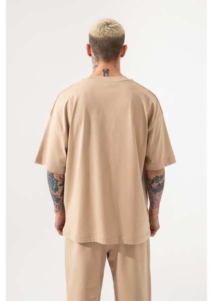 Oversize Basic Süprem Pamuklu T-Shirt Bej