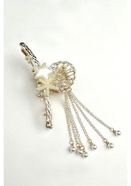 Incili Deniz Yıldızı Detaylı Sallantılı Mandal Toka 9cm