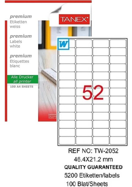 Bilgisayar Etiketi TW-2052 46,4X21,2 mm 100 Lü Lazer Etiket 1 Paket Tanex Davetiye Kargo Koli Kutu Etiketi