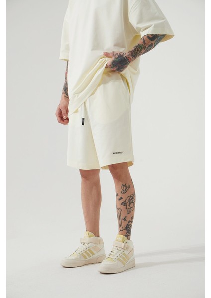 Oversize Basic Cepli Şort Krem