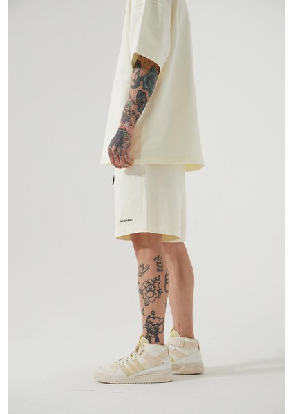 Oversize Basic Cepli Şort Krem