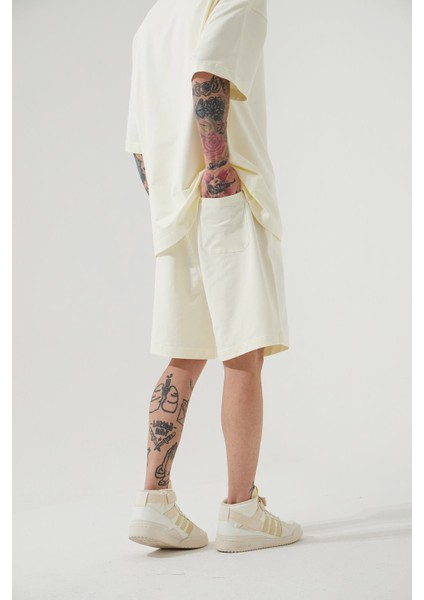 Oversize Basic Cepli Şort Krem