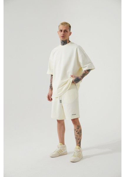 Oversize Basic Cepli Şort Krem